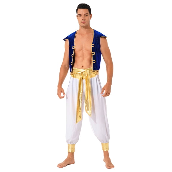 YEAHDOR Mens Halloween Cosplay Costume Ancient Greek God Gladiator Prince Role Play Costume Waistcoat with Pants Blue 3XL