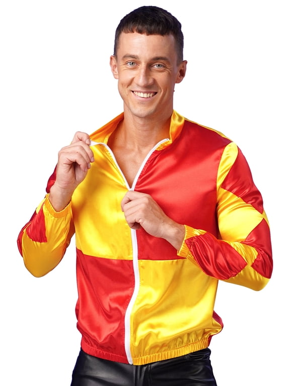 Mens Long Sleeve Horse Trainer Jacket Halloween Costume Checkerboard Print Zipper Coat Yellow&Red M