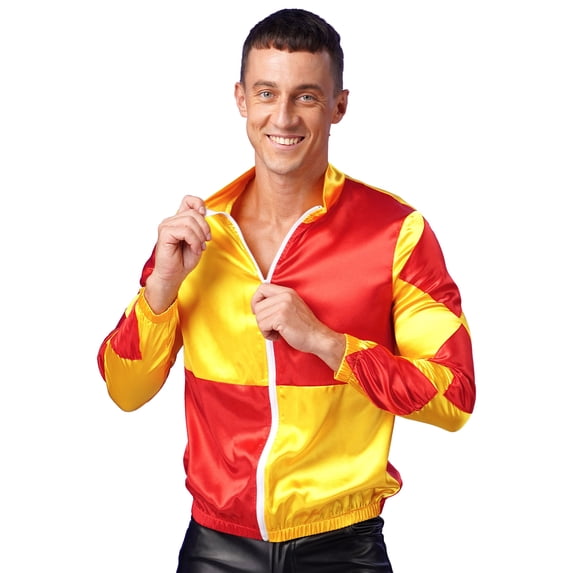 YEAHDOR Mens Long Sleeve Horse Trainer Jacket Halloween Costume Checkerboard Print Zipper Coat Yellow&Red XL
