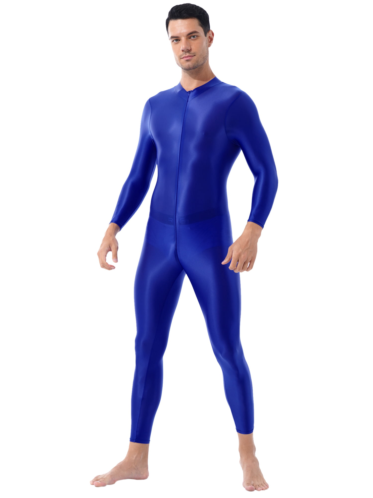 YEAHDOR Mens One-Piece Full Body Stocking Shimmery Skin-Tight Jumpsuit  Double-Ended Zipper Crotch Bodysuit Blue One Size