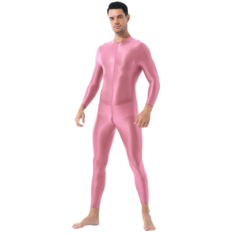 YEAHDOR Mens One-Piece Full Body Stocking Shimmery Skin-Tight Jumpsuit  Double-Ended Zipper Crotch Bodysuit Pink One Size 