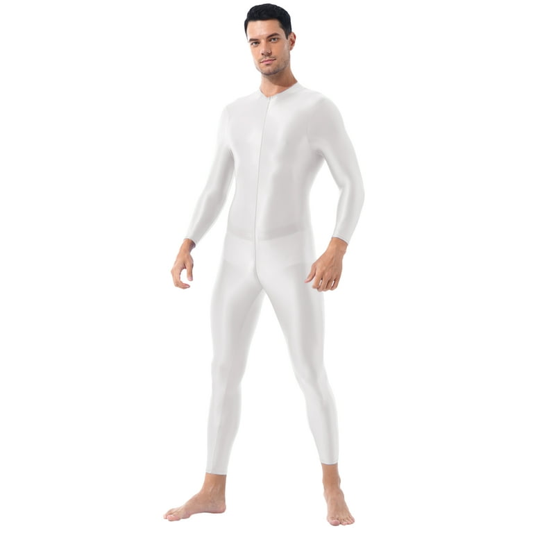 YEAHDOR Mens One-Piece Full Body Stocking Shimmery Skin-Tight Jumpsuit  Double-Ended Zipper Crotch Bodysuit White One Size 