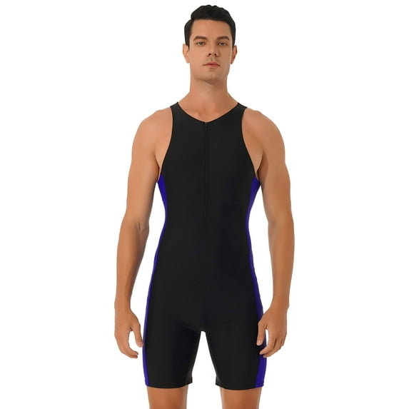 YEAHDOR Mens One-Piece Swimwear Sleeveless Front Zipper Swimming Jumpsuit Bathing Suit Black&Blue XL