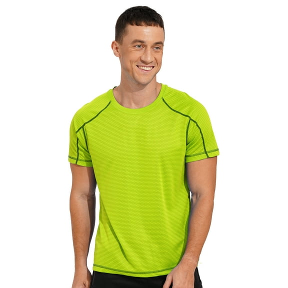 YEAHDOR Mens Quick Dry Short Sleeve Shirt Rash Guard Swim T-Shirt Athletic Tops Fluorescent Green L