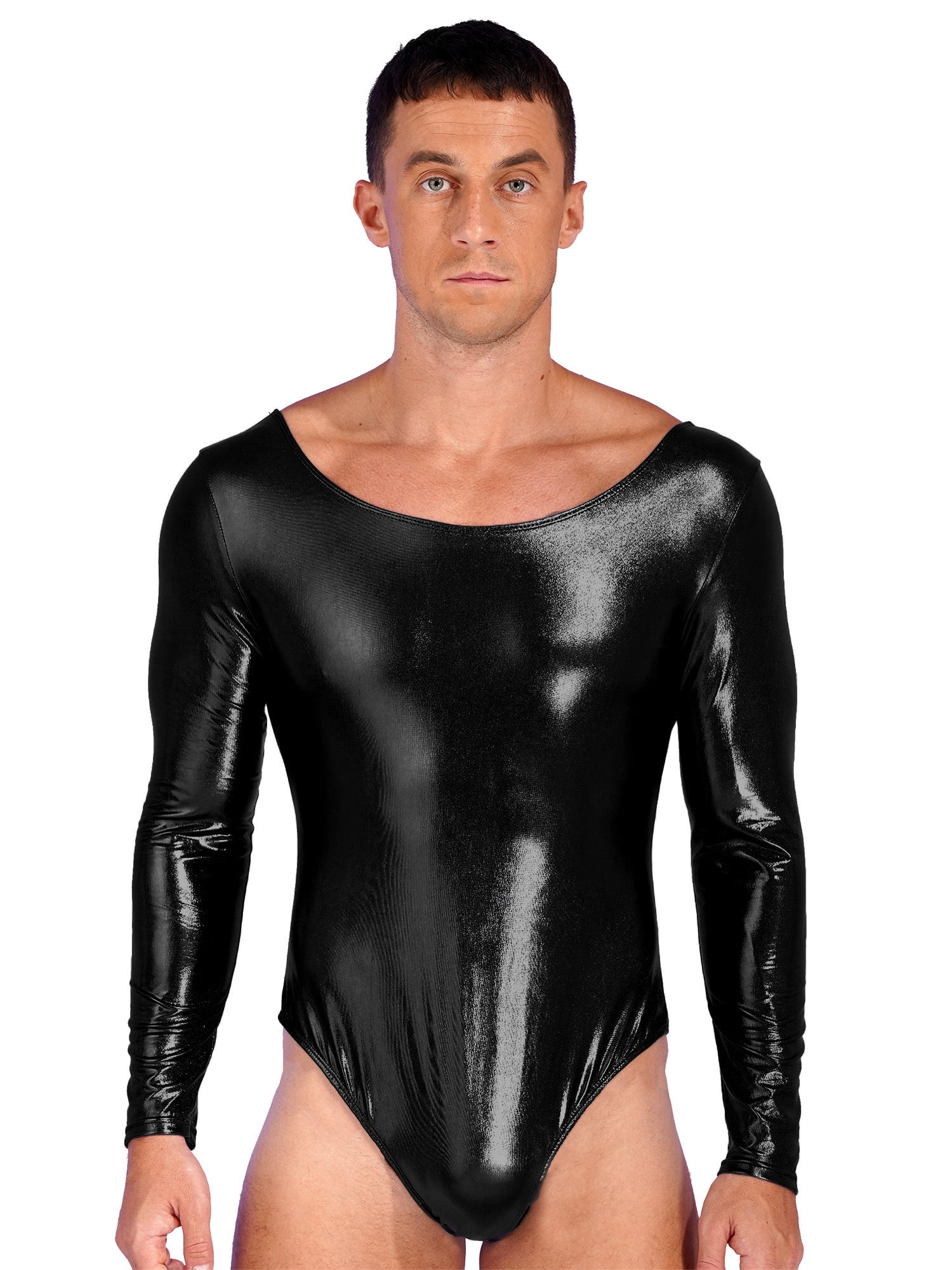 YEAHDOR Mens Shiny Long Sleeve Ballet Dance Bodysuit Patent Leather  Gymnastics Leotard Bodycon Unitard Costume Black XXL 