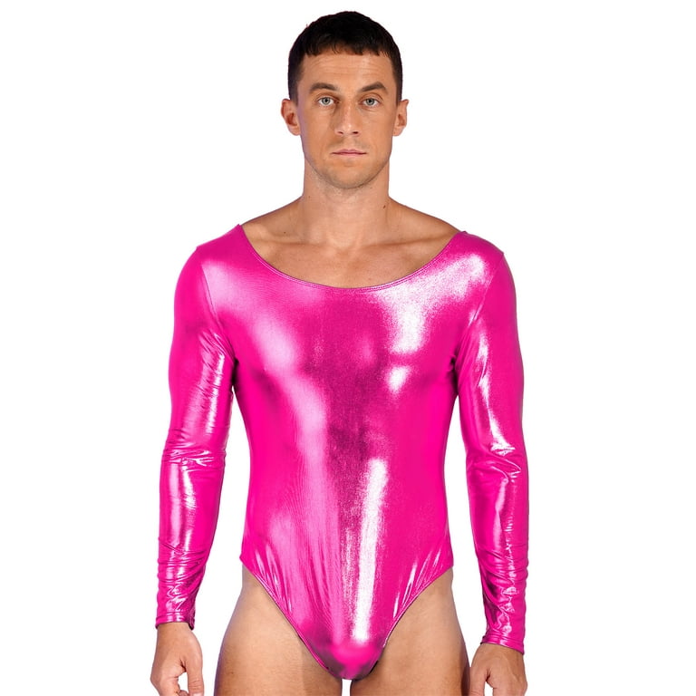 YEAHDOR Mens Shiny Long Sleeve Ballet Dance Bodysuit Patent Leather  Gymnastics Leotard Bodycon Unitard Costume Hot Pink XL