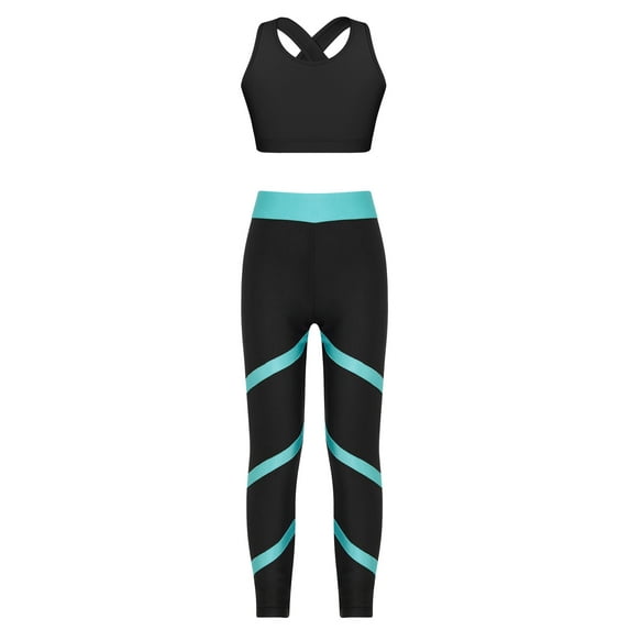 YEAHDOR Teens Girls 2Pcs Activewear Set Active Sleeveless Crop Top with Leggings Pants Gym Dance Suit Black&Green 10