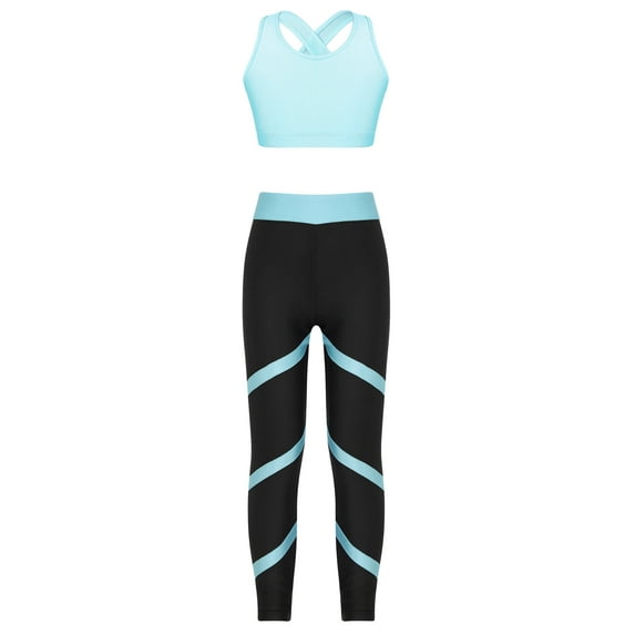 YEAHDOR Teens Girls 2Pcs Activewear Set Active Sleeveless Crop Top with Leggings Pants Gym Dance Suit Light Blue 10
