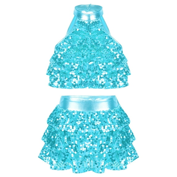 YEAHDOR Toddlers Girls Latin Jazz Dance Outfit Sequins Crop Top with Tutu Skirt Dance Wear,Sizes 3-16 Blue 5-6