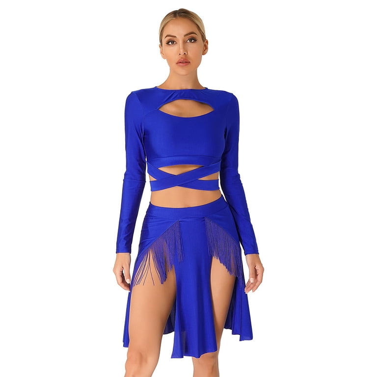 YEAHDOR Womens 2-Piece Long Sleeve Latin Dance Costume Crop Top with  Tassels Skirt Salsa Cha Cha Tango Dancewear Royal Blue XL 