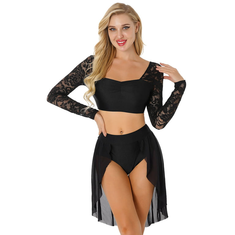 YEAHDOR Womens 2Pcs Dance Outfit Floral Lace Lyrical Dance Costume Crop Top  with Sheer Mesh Skirted Briefs Black XL