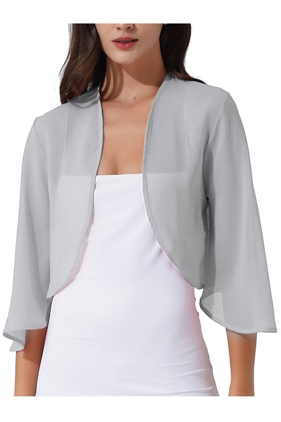 Womens 3/4 Sleeve Shrug Bolero Cropped Chiffon Wedding Party Dress Wraps Cover-Ups Grey S