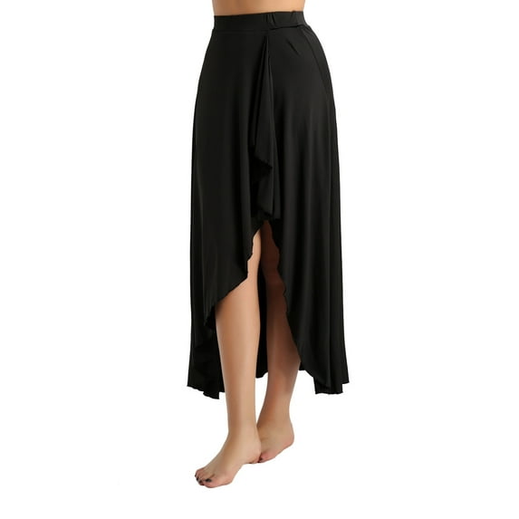 YEAHDOR Womens Asymmetrical Tango Latin Dance Skirt Stage Performance Costume A Line Maxi Split Long Skirt A Black M