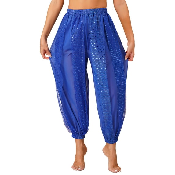 YEAHDOR Womens Belly Dance Costume Pants Halloween Fancy Dress Costume Side Split Shiny Sequins Harem Pants Royal Blue One Size