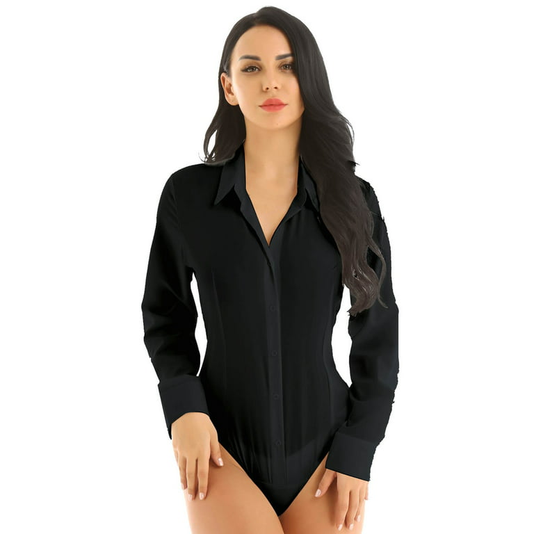 YEAHDOR Womens Button Down Blouse Soft Solid Color Work Office Bodysuit  Shirt Black 3XL