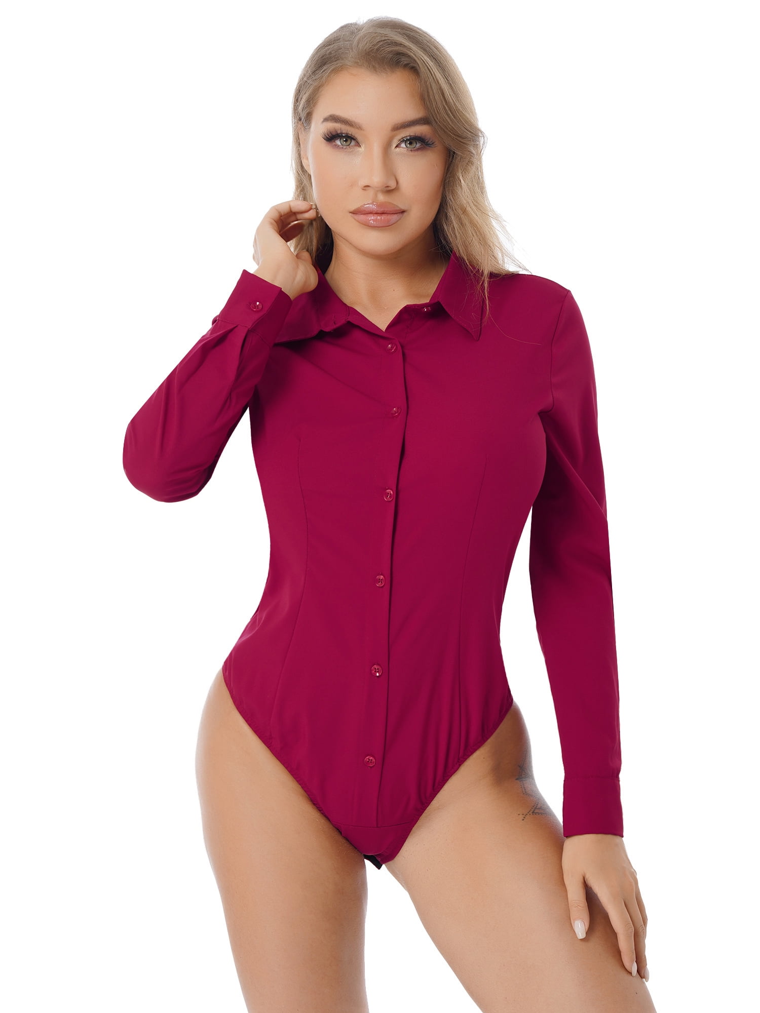 YEAHDOR Womens Button Down Blouse Soft Solid Color Work Office Bodysuit  Shirt Burgundy L