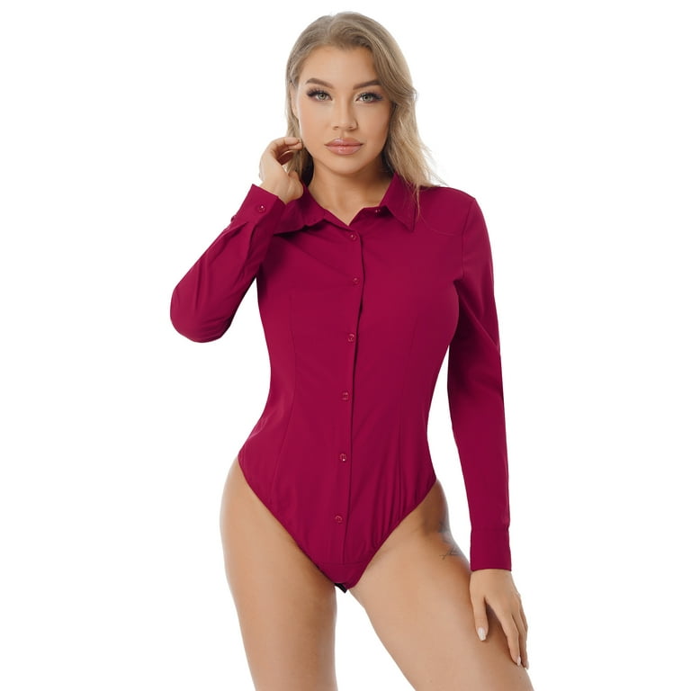 YEAHDOR Womens Button Down Blouse Soft Solid Color Work Office Bodysuit  Shirt Burgundy L 