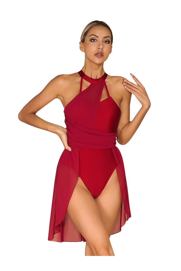 Womens Chiffon Ruched Ballet Dance Dress Strappy Latin Leotard Dancewear Burgundy S