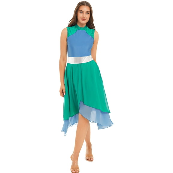 YEAHDOR Womens Color Block Split Hem Dance Dress Costume Lyrical Contemporary Dancewear Green&Blue L