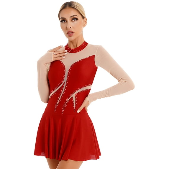 YEAHDOR Womens Figure Skating Dress Long Sleeve Sheer Mesh Patchwork Gymnastics Leotard Dancewear Red XL