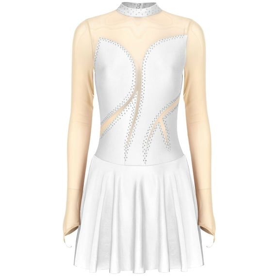 YEAHDOR Womens Figure Skating Dress Long Sleeve Sheer Mesh Patchwork Gymnastics Leotard Dancewear White XL