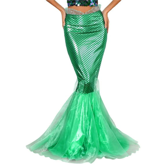 YEAHDOR Womens Fish Tail Skirt Ladies Halloween Carnival Long Mermaid Skirt Costume Sequins Glitter Party Evening Maxi Skirt Green-A 4XL
