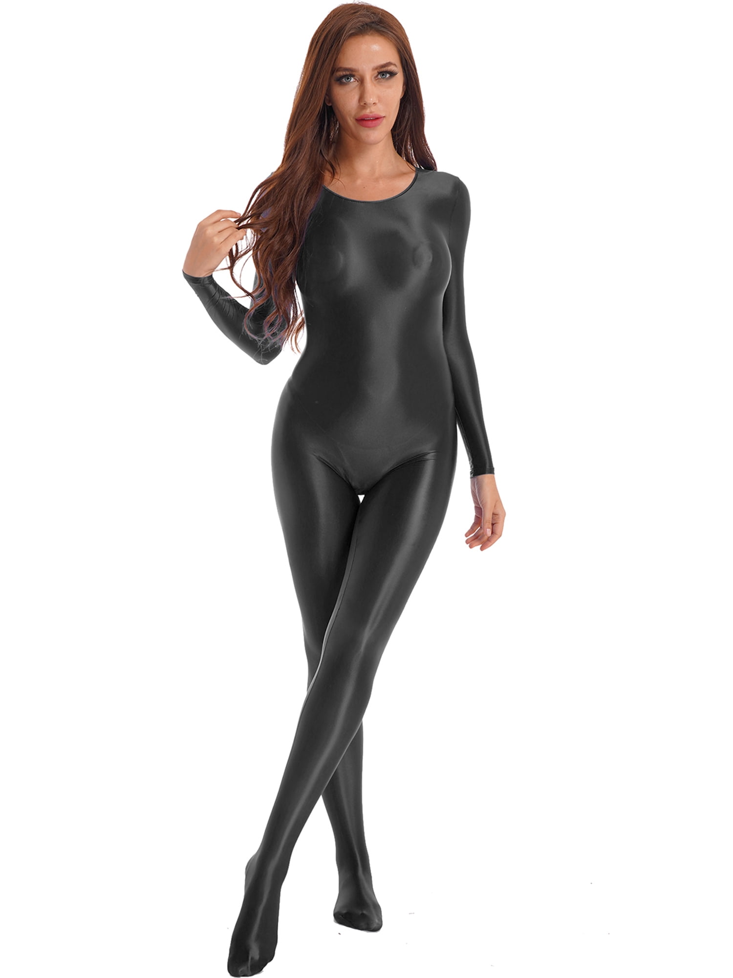 YEAHDOR Womens Full Body Long Sleeve Footed Jumpsuit Silky Shiny Rompers  High Elastic Bodysuit Clubwear Black M