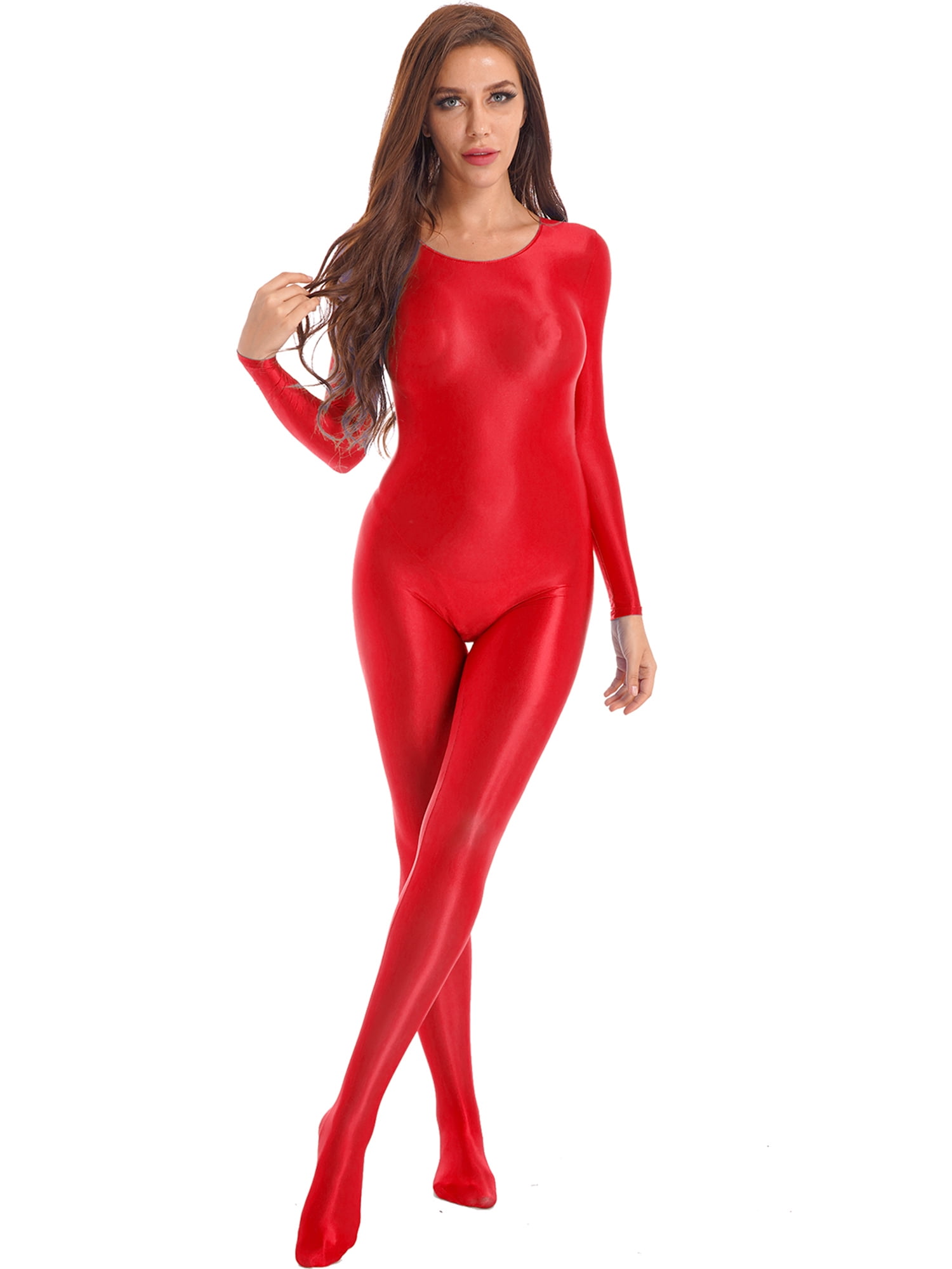 YEAHDOR Womens Full Body Long Sleeve Footed Jumpsuit Silky Shiny