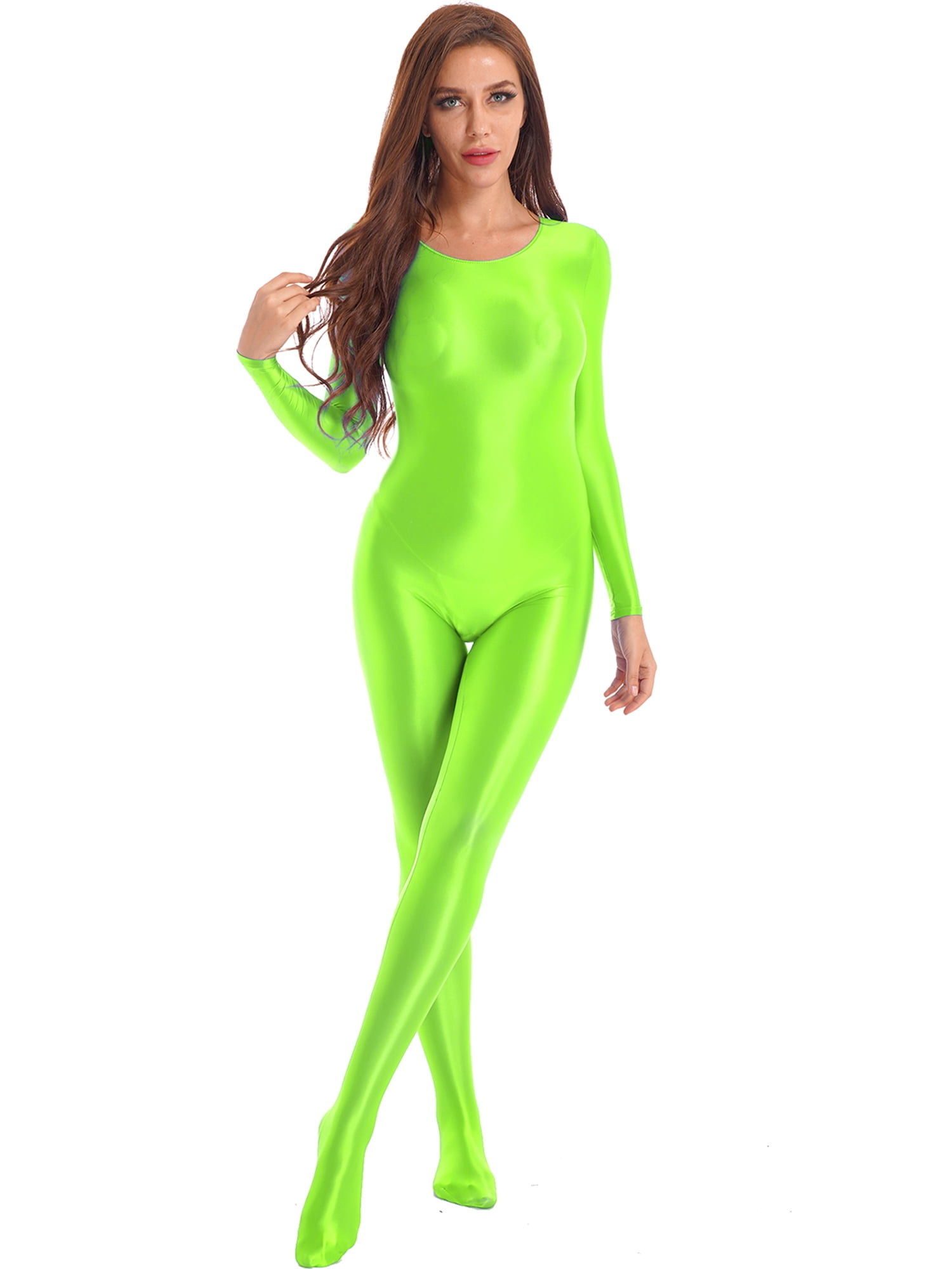 YEAHDOR Womens Full Body Long Sleeve Footed Jumpsuit Silky Shiny