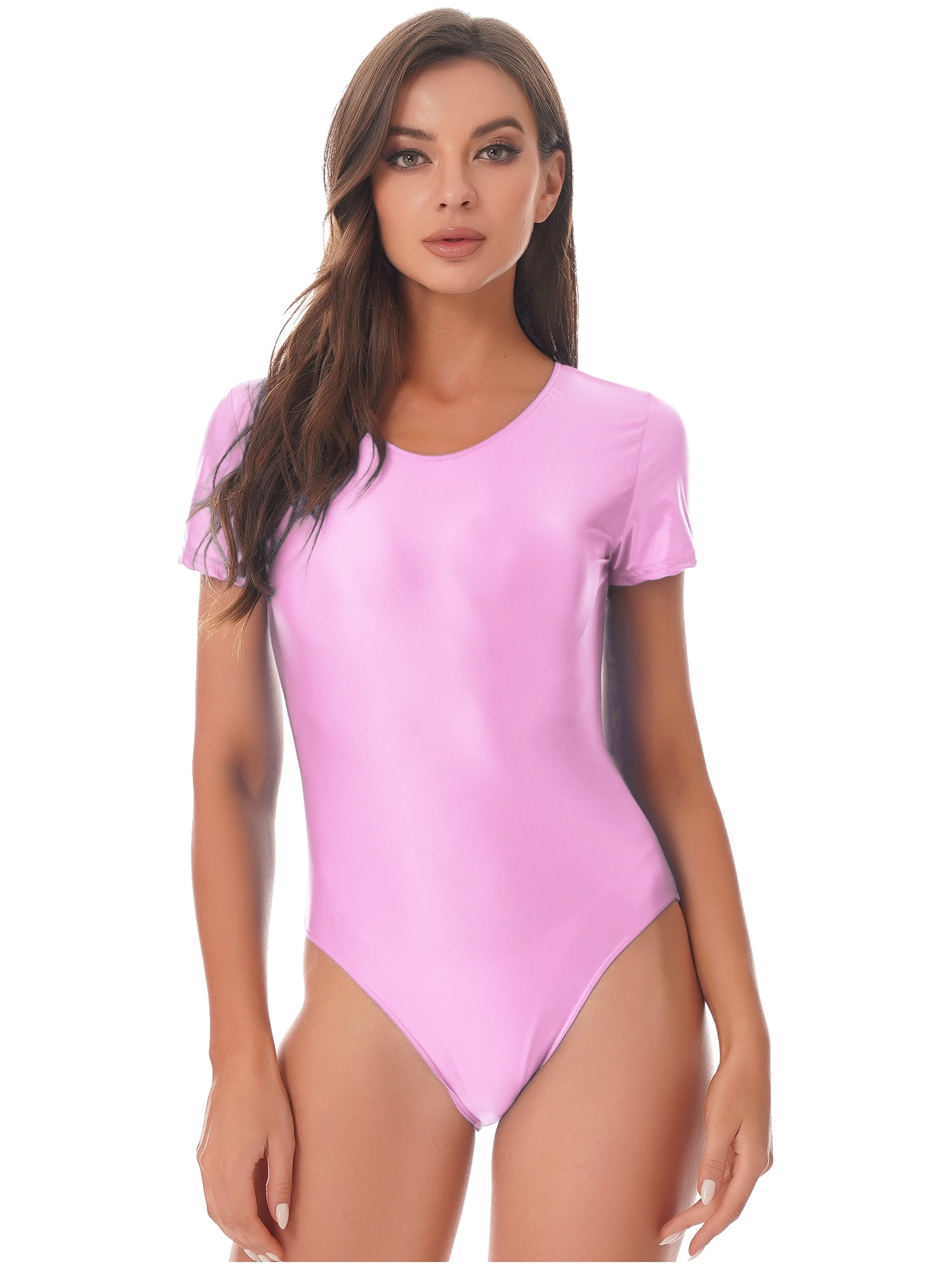 YEAHDOR Womens Glossy High Cut Thong Swimsuit One Piece Bodysuit Bathing  Suit Pink XL 