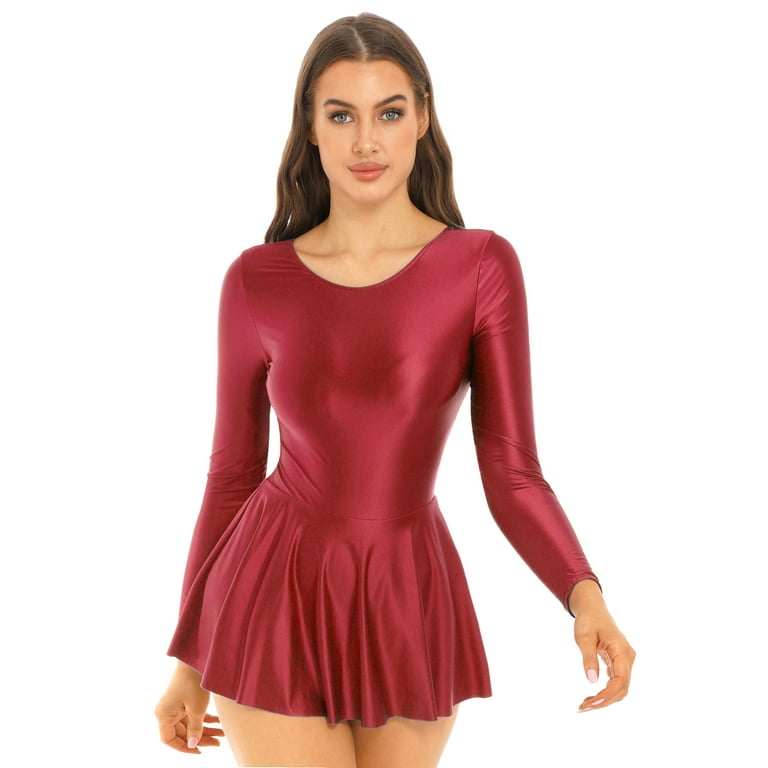 YEAHDOR Womens Glossy Ruffled Skirted Leotard Shiny Bodycon Sports Yoga  Dance Mini Dress Burgundy XL 