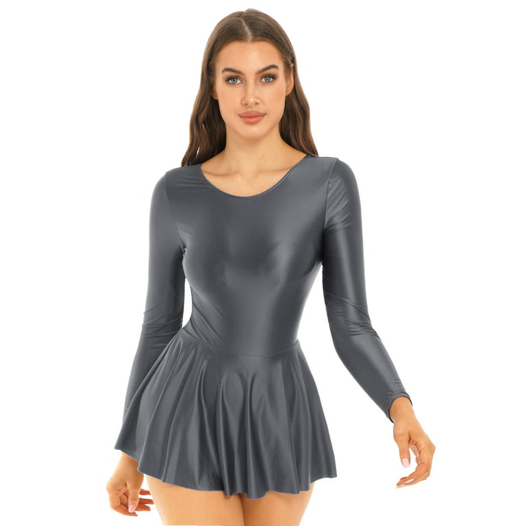 YEAHDOR Womens Glossy Ruffled Skirted Leotard Shiny Bodycon Sports Yoga  Dance Mini Dress Dark Gray L