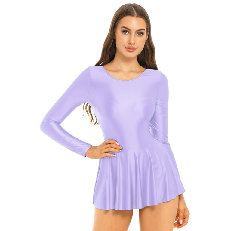 YEAHDOR Womens Glossy Ruffled Skirted Leotard Shiny Bodycon Sports Yoga  Dance Mini Dress Light Purple L 