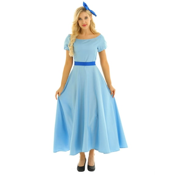 YEAHDOR Womens Halloween Costume Short Puff Sleeves Princess Dress Fancy Party Maxi Dress with Headwear Belt Light Blue X-Large