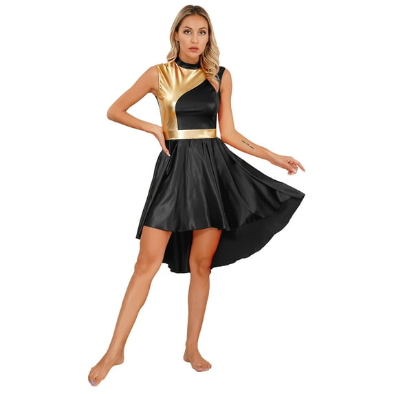 YEAHDOR Womens High Low Praise Dance Dress Metallic Contrast Color Satin Dress Liturgical Worship Costume Black L