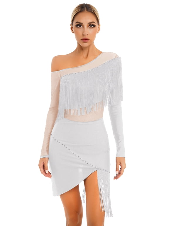 Womens Latin Tango Dance Dress Cha-Cha Samba Fringed Dancewear Oblique Shoulder Waltz Dance Dress White S