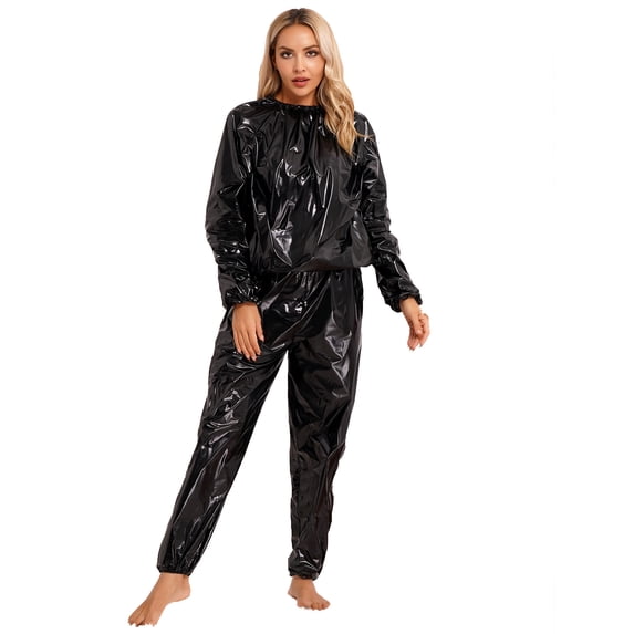 YEAHDOR Womens Mens Sauna Suit Long Sleeve PVC Elastic Cuffs Tops with Pants Set Slimming Fitness Sweat Suit Black XXL
