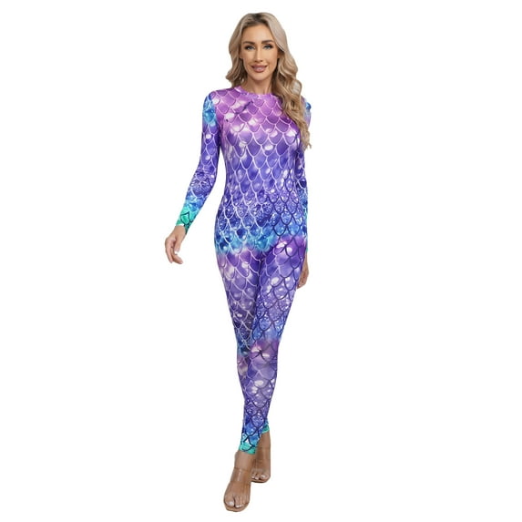 YEAHDOR Womens Mermaid Cosplay Costume Fish Scale Print Full Body Jumpsuit Tie-dye Long Sleeve Swimming Bodysuit Type B L