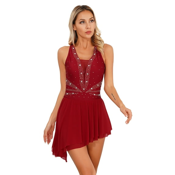 YEAHDOR Womens Mesh Lyrical Dance Dress Backless Rhinestone Asymmetrical Contemporary Dance Skating Dress Burgundy L