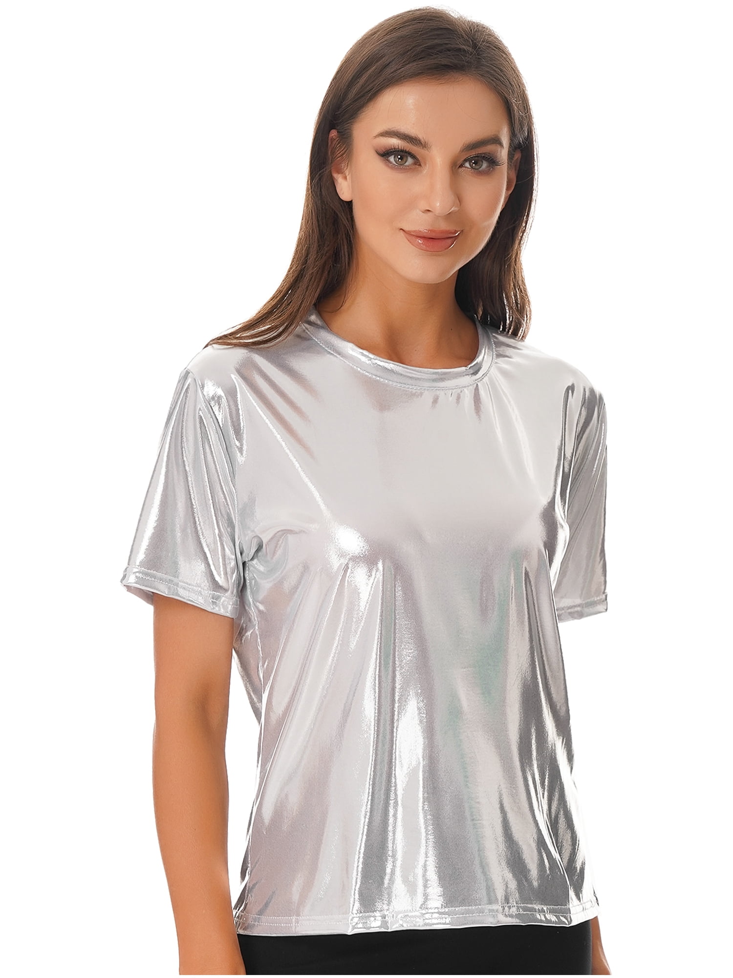 YEAHDOR Womens Metallic Shiny T-shirt Glossy Solid Color YEAHDOR Womens Metallic Shiny T-shirt Glossy Solid Color