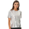 thumbnail image 1 of YEAHDOR Womens Metallic Shiny T-shirt Glossy Solid Color Short Sleeve Tees Tops A Silver S, 1 of 7