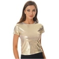 thumbnail image 1 of YEAHDOR Womens Metallic Shiny T-shirt Glossy Solid Color Short Sleeve Tees Tops Gold L, 1 of 7