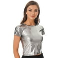 thumbnail image 1 of YEAHDOR Womens Metallic Shiny T-shirt Glossy Solid Color Short Sleeve Tees Tops Gray L, 1 of 7