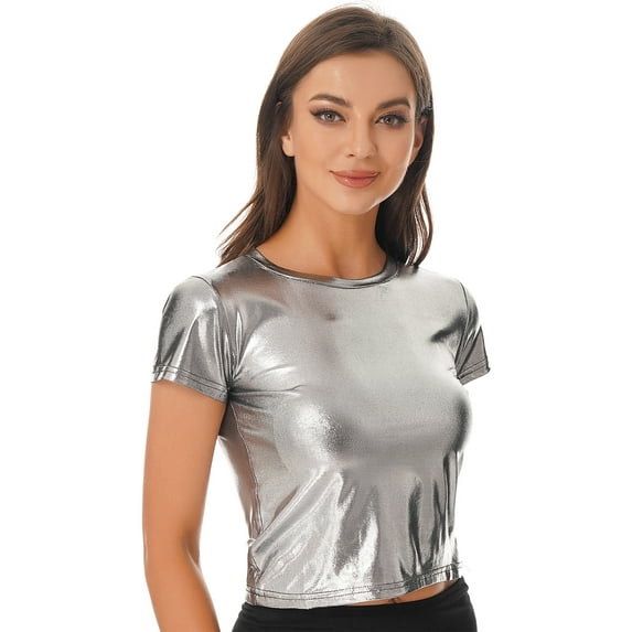 YEAHDOR Womens Metallic Shiny T-shirt Glossy Solid Color Short Sleeve Tees Tops Gray XXL