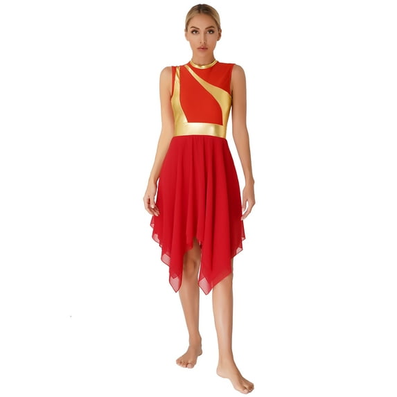YEAHDOR Womens Metallic Sleeveless Liturgical Praise Dance Dress Color Block Asymmetrical Hem Dancewear