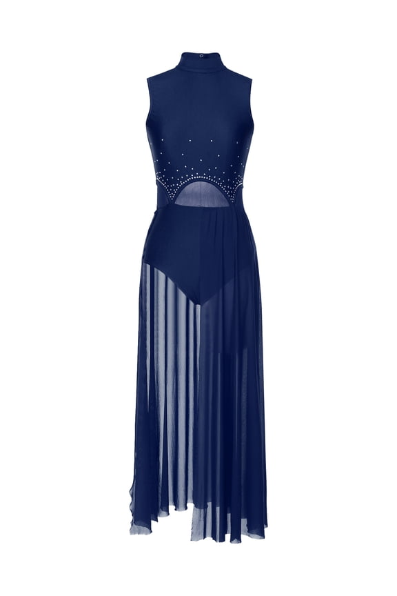 Womens Modern Contemporary Dance Costume Mesh Sheer Lyrical Dance Dress Rhinestone Dancewear Navy Blue L
