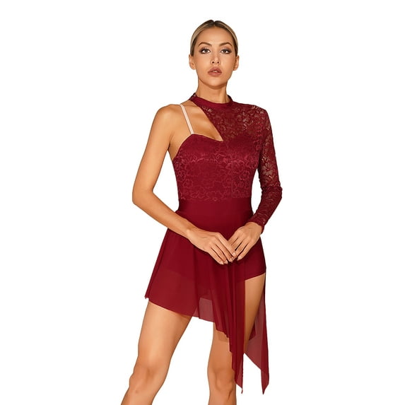 YEAHDOR Womens One Shoulder Lyrical Dance Dress Lace Mesh Split Ballet Figure Skating Leotard Dress Dancewear Burgundy L