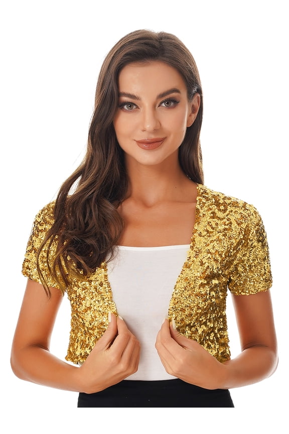 Womens Shiny Sequin Cropped Jacket Coat Short Sleeve Glittery Cardigan Outerwear Gold One Size