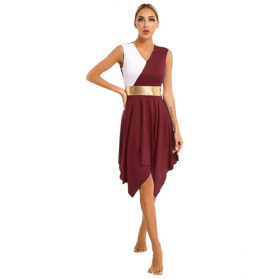 YEAHDOR Womens Sleeveless Asymmetrical Modern Dance Costume V Neck Liturgical Praise Worship Dance Dress A Burgundy XL