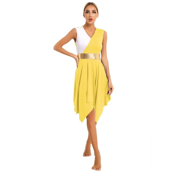 YEAHDOR Womens Sleeveless Asymmetrical Modern Dance Costume V Neck Liturgical Praise Worship Dance Dress Yellow XL